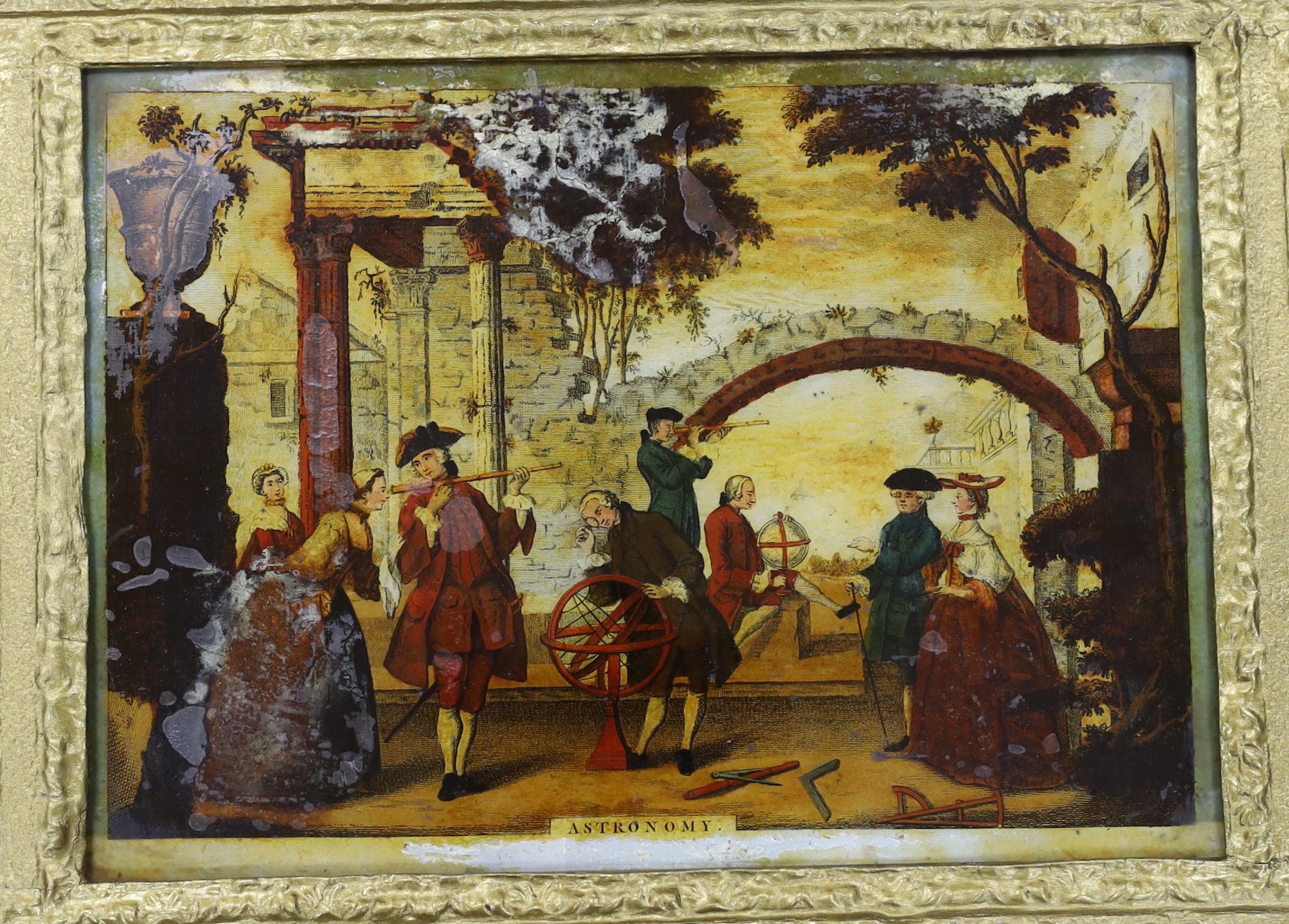 An 18th / 19th century reverse glass painted colour print triptych, Architecture, Astronomy and Sculpture, overall 126 x 37cm